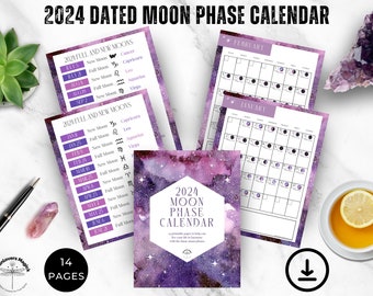 2024 Moon Phase Calendar Printable, Dated Monthly Lunar Calendar with 365 Moon Phases, Full Moon & New Moon Zodiac Signs, Digital Download