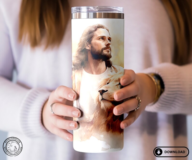 Jesus with Lion Tumbler Wrap, Seamless Sublimation Design, Straight & Tapered Skinny 20oz Tumbler Design, 300 DPI Instant Digital Download image 2