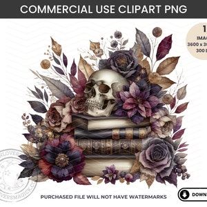 Morally Grey PNG, Komercyjne wykorzystanie Romantasy Romance Skull Books & Flowers Watercolor Clipart Design, Pikantny Klub Książki, Booktok Gothcore Witchy