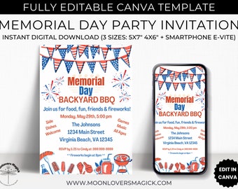 Editable Memorial Day Party Invitations Template Download, Digital Canva Template Printable Invites, Great for BBQ Cookout Pool Party Picnic