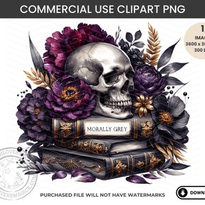 Morally Grey PNG, Komercyjny projekt clipartów akwarelowych, Romantasy Gothic Romance Book Club Date, Bookish Booktok Witchy Floral Skull PNG
