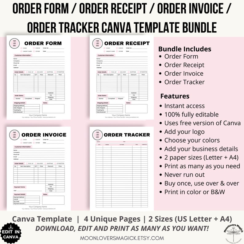 Logo Custom Order Form Template, Order Tracker, Order Receipt Canva Template Bundle, Small Business Printable, Fully Editable & Customizable image 2