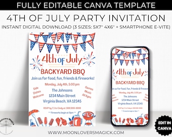 Editable 4th of July BBQ Invitation, DIY Instant Digital Download Canva Template Printable Invite, Red White & Blue Independence Day Party