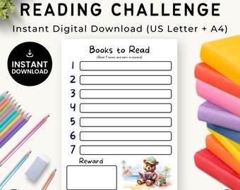 Children's Reading Book Challenge, Reading Tracker Printable for Kids, Fun Bear Books to Read Home School Printable, Digital Download PDF