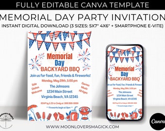 Editable Memorial Day Party Invitations Template Download, Digital Canva Template Printable Invites, Great for BBQ Cookout Pool Party Picnic