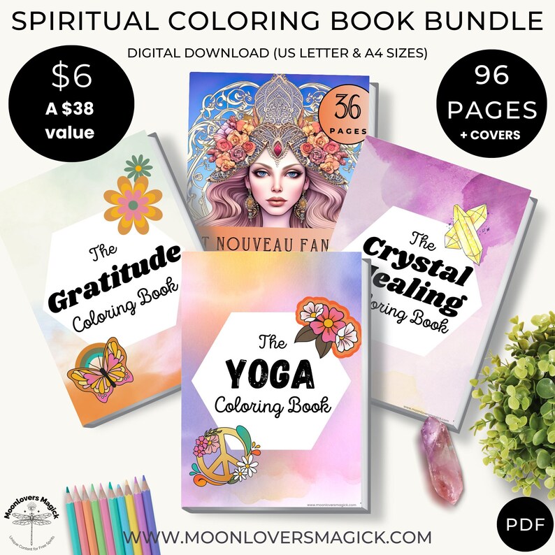 BUNDLE 96 spirituelle Malseiten für Erwachsene, 4 Malbücher, Kristallheilung, Yoga, Dankbarkeit, mystische Frauen, druckbarer digitaler Download Bild 1