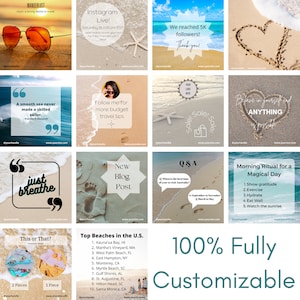 30 Editable Beach Ocean Themed Instagram Post Templates for Canva, Instant Digital Download, Increase Social Media Engagement, Cohesive Feed image 3