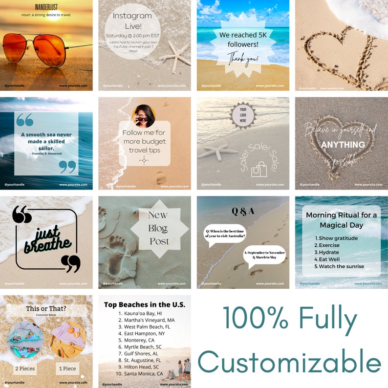 30 plantillas editables de publicaciones de Instagram con temática de Beach Ocean para Canva, descarga digital instantánea, aumento de la participación en las redes sociales, alimentación coherente imagen 3