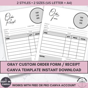 Custom Logo Order Form, Order Receipt, Price List, Gift Certificate, Thank You Card Canva Template Bundle Small Business Editable Printables image 3