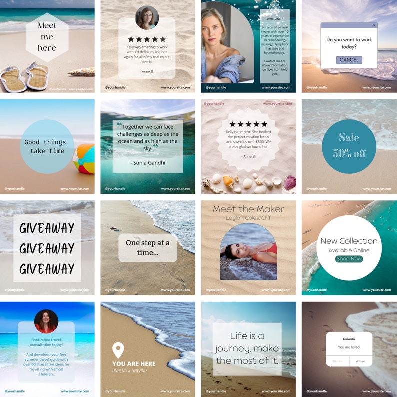 30 bearbeitbare Instagram-Post-Vorlagen mit Strand und Ozean-Thema für Canva, sofortiger digitaler Download, Steigerung des Social-Media-Engagements, zusammenhängender Feed Bild 2