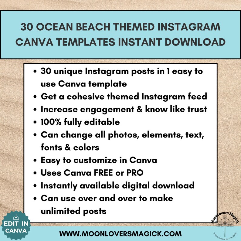 30 bearbeitbare Instagram-Post-Vorlagen mit Strand und Ozean-Thema für Canva, sofortiger digitaler Download, Steigerung des Social-Media-Engagements, zusammenhängender Feed Bild 6