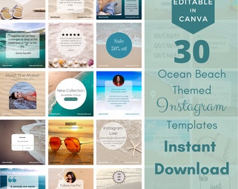 30 Editable Beach Ocean Themed Instagram Post Templates for Canva, Instant Digital Download, Increase Social Media Engagement, Cohesive Feed