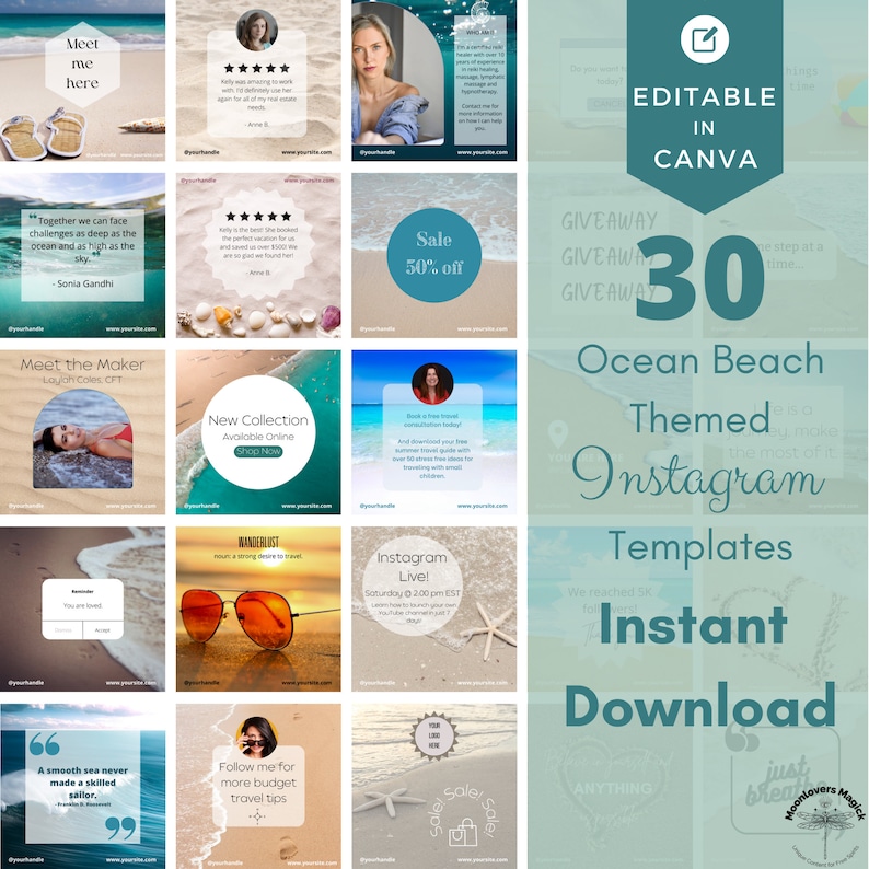 30 bearbeitbare Instagram-Post-Vorlagen mit Strand und Ozean-Thema für Canva, sofortiger digitaler Download, Steigerung des Social-Media-Engagements, zusammenhängender Feed Bild 1