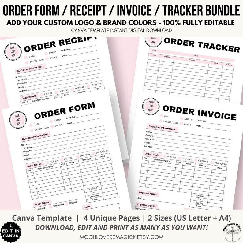 Logo Custom Order Form Template, Order Tracker, Order Receipt Canva Template Bundle, Small Business Printable, Fully Editable & Customizable image 1