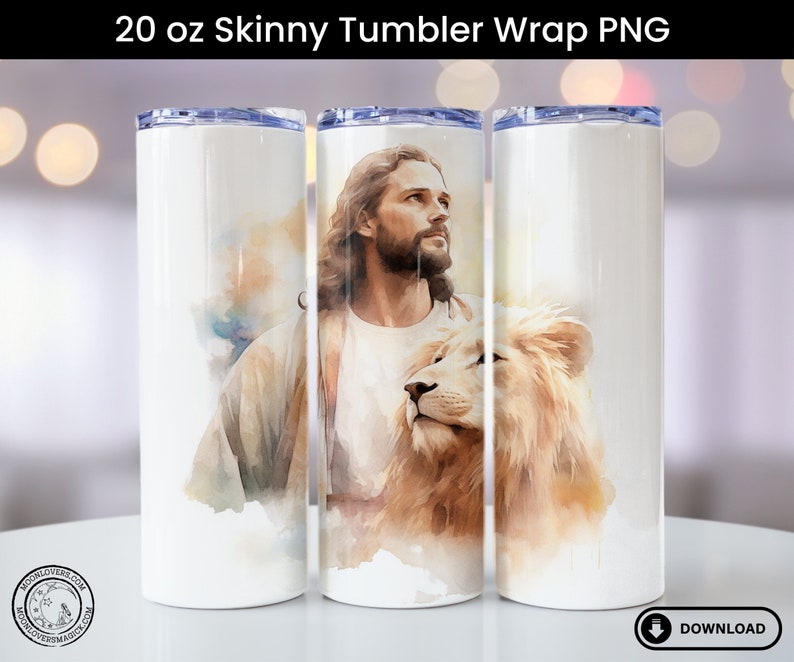 Jesus with Lion Tumbler Wrap, Seamless Sublimation Design, Straight & Tapered Skinny 20oz Tumbler Design, 300 DPI Instant Digital Download image 1