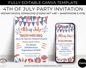 Editable 4th of July BBQ Invitation, DIY Instant Digital Download Canva Template Printable Invite, Red White & Blue Independence Day Party