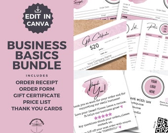 Custom Logo Order Form, Order Receipt, Price List, Gift Certificate, Thank You Card Canva Template Bundle Small Business Editable Printables