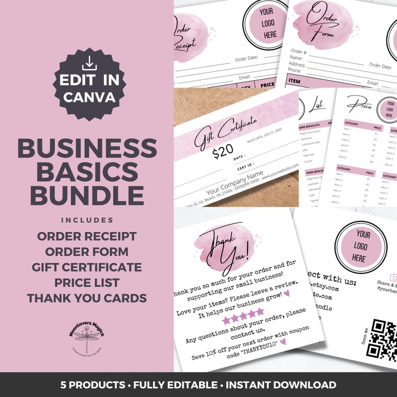 Custom Logo Order Form, Order Receipt, Price List, Gift Certificate, Thank You Card Canva Template Bundle Small Business Editable Printables image 1