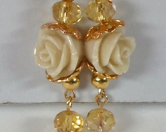 Ivory Rose with Gold Leaf and Crystal Bead Accents