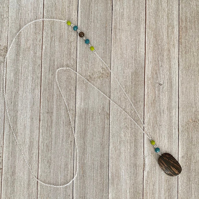 Long Chain Necklace Old Palmwood Pendant Olive Green Czech Glass Teal Crystals