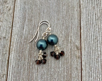 Tahitian Swarovski Pearl and Mocca Swarovski Crystal Sterling Silver Earrings