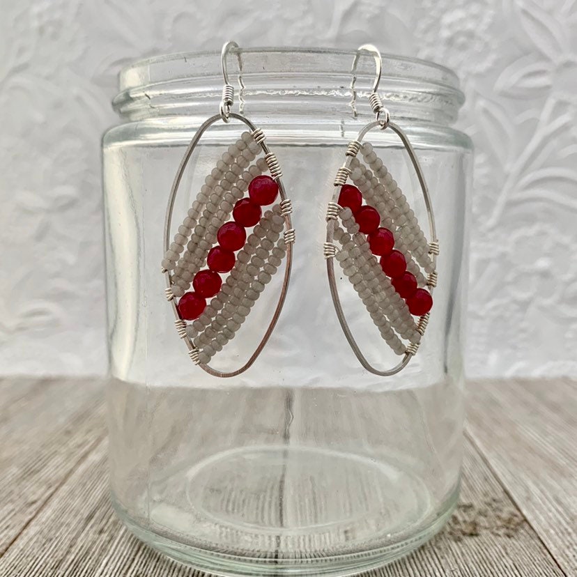 Red Quartz / Grey Seed Bead / Wire Wrapped Oval Earrings - Etsy