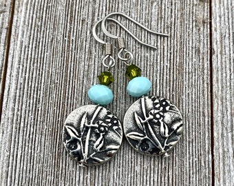 Garden Earrings, Olivine Swarovski Crystals, Turquoise Crystals, TierraCast, Antique Silver, Surgical Steel Ear Wires, For Women, Mom, Gift