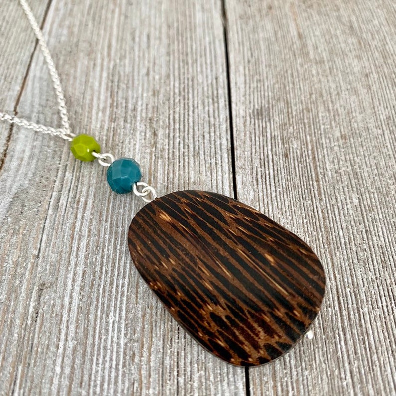 Long Chain Necklace Old Palmwood Pendant Olive Green Czech Glass Teal Crystals