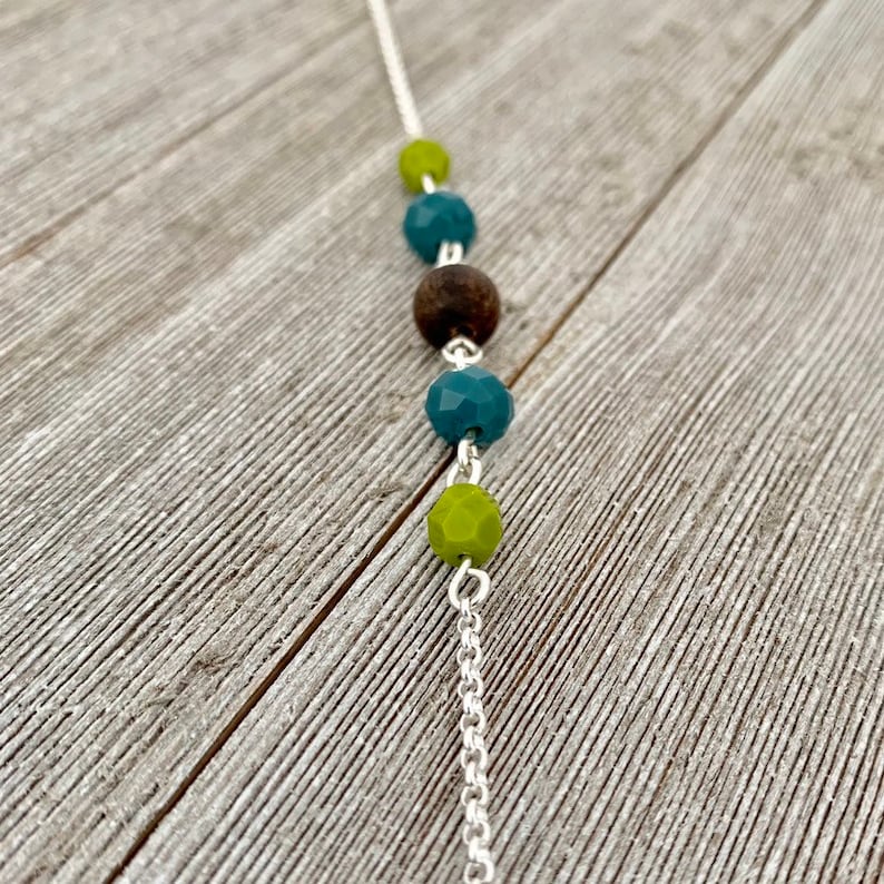 Long Chain Necklace Old Palmwood Pendant Olive Green Czech Glass Teal Crystals