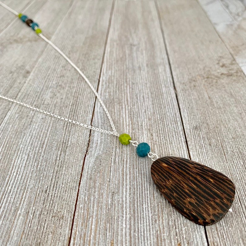 Long Chain Necklace Old Palmwood Pendant Olive Green Czech Glass Teal Crystals