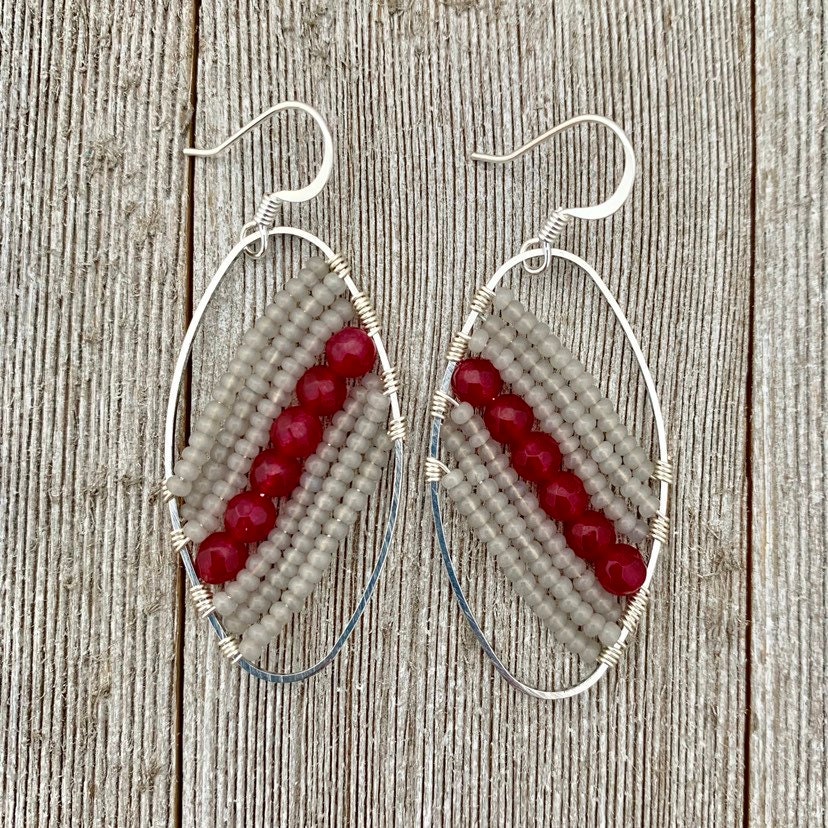 Red Quartz / Grey Seed Bead / Wire Wrapped Oval Earrings | Etsy