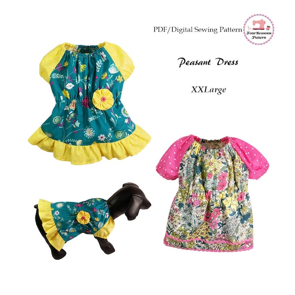 Peasant Dog Dress Sewing Pattern PDF, Designer Dog Clothes, Small Pet Dog and Cat Clothes Patterns, Pet Costume,  Dog Shirt -XXLARGE-