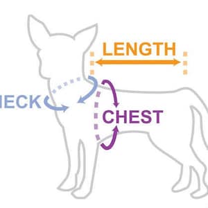 Puede incluir: Diagrama que muestra c&oacute;mo medir un perro para un arn&eacute;s. El diagrama muestra un perro con l&iacute;neas que indican d&oacute;nde medir la longitud, el cuello y el pecho.
