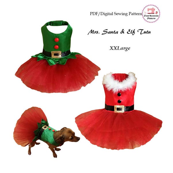 Vestido de tutú para perros de Papá Noel y elfo -XXLARGE- Patrón de costura PDF, Patrón de ropa para perros, Vestido de tutú para perros, Ropa para mascotas