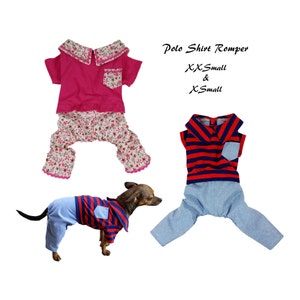 May include: Two dog rompers, one pink with floral print and one blue with red and blue stripes. The text "Polo Shirt Romper XX-Small & X-Small" is above the rompers.