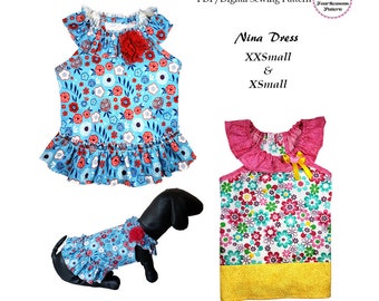 Nina Dog Dress Sewing Pattern PDF, Dog Clothes Sewing Pattern, Small Pet Dog Cat Clothing, Digital Sewing Pattern -XXSMALL & XSMALL-