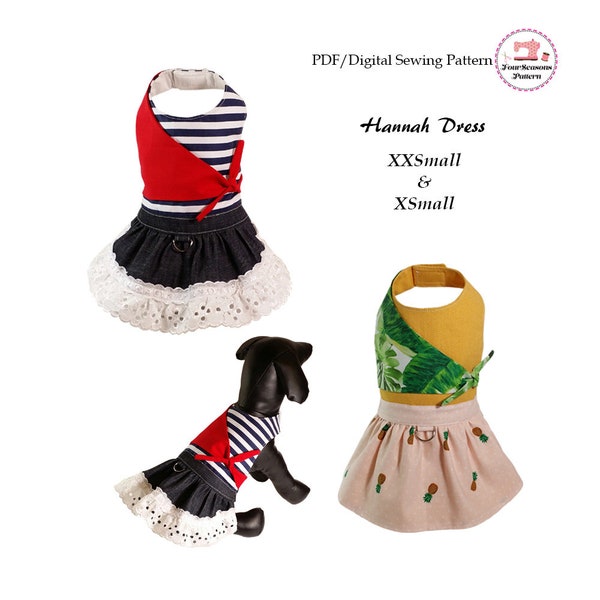 Hannah Dog Dress Sewing Pattern PDF, Pet Gift, Dog Summer Clothes, Designer Dog and Cat Clothes, Small Dog Clothes -XXSMALL & XSMALL-