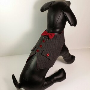 Puede incluir: Un maniqu&iacute; de perro negro que lleva un chaleco de patr&oacute;n gris y negro con ribetes rojos y una pajarita roja. El chaleco tiene un bolsillo en la parte delantera y botones rojos.