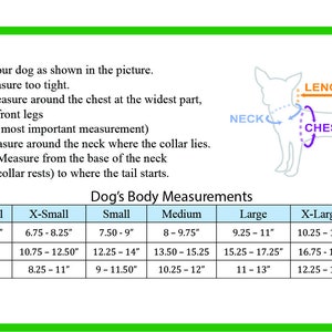 May include: Diagram showing dog measurements for neck, chest, and length. Includes a size chart with measurements in inches for XX-Small to XX-Large. Instructions advise measuring the dog and not measuring too tight.