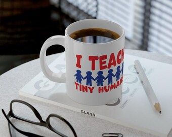 I Teach Tiny Humans Mug | Teacher Appreciation, Red & Blue Kids Silhouette