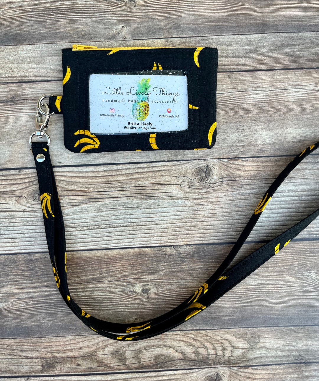 Bananas ID Holder and Lanyard, Ruby Star Nanners Fabric Zipper Pouch