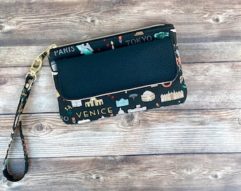 Rifle Paper Co. Fabric Phone Wallet with Removable Strap, Bon Voyage Clutch with Zippered Pouch, Wristlet