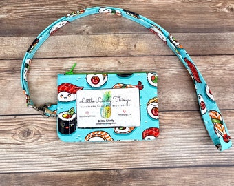 Happy Sushi ID Wallet and Lanyard, Kawaii Fabric Zippered Pouch With Clear Front Window, Badge Clip, Removable Neck Strap