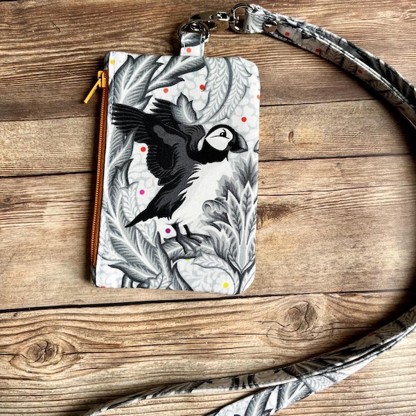 Tula Pink Huffin & Puffin ID Holder and Lanyard, Graywork Zipper Pouch with Removable Strap and Clear Front Window, Badge Clip Wallet