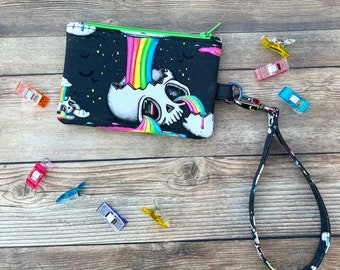 Rainbones Fabric ID Holder and Wristlet, Skull and Rainbow Fabric Zipper Pouch with Removable Wrist Strap and Clear Front Window