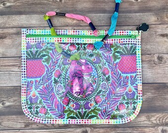 Tula Pink Roar Tree Rex Fabric Clear Front Project Pouch, Dinosaur Glitter Vinyl Zipper Case, Zipper Bag for Cross Stitch