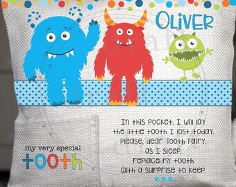 Personalized Tooth Fairy Pillow: Monster Design, Pocket for Lost Tooth