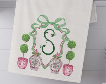 Paño de cocina Monogram Mockingbird Florals / Jarrón de jengibre estilo chinoiserie para bodas