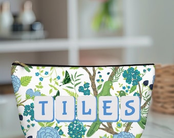 Chinoiserie Mahjong Tile Bag: Blue Green Floral Accessory Pouch