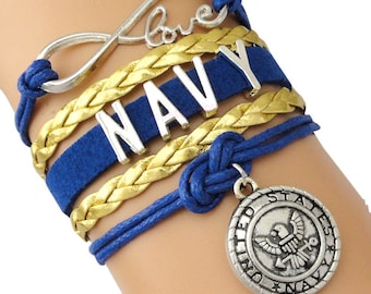 Navy Mom Infinity Bracelet: Gold & Blue Charm Bangle